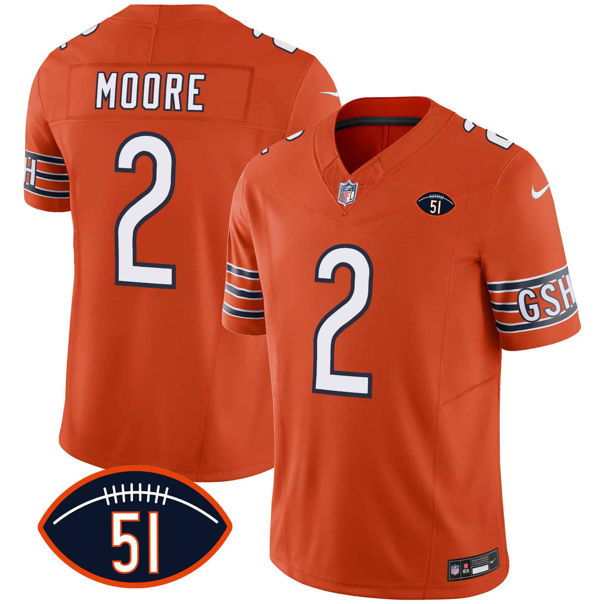 Men Chicago Bears #2 Moore Orange 2024 Nike Patch GSH Vapor NFL Jersey